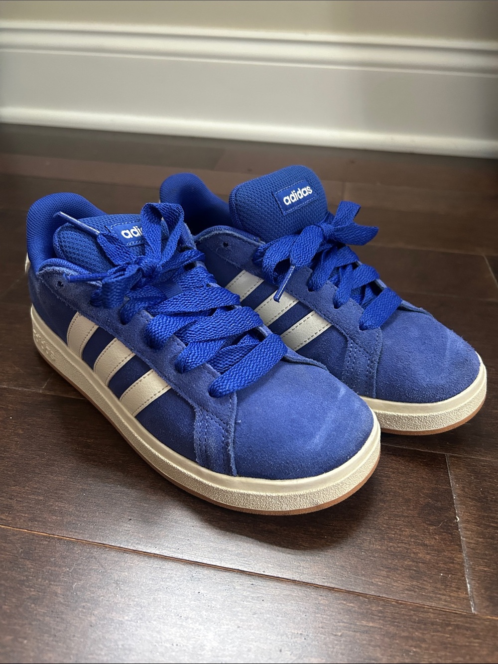 adidas Kids Royal Blue Suede Sneakers with White Stripes